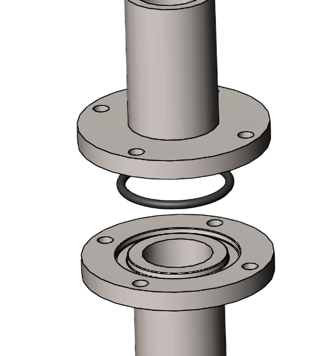 Exploded view: O-ring flange seal with the O-ring above the flange groove for static sealing.